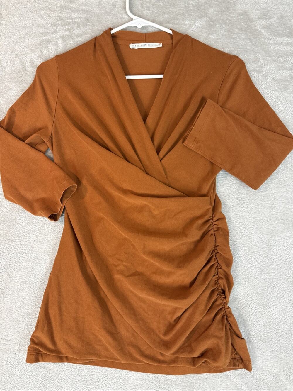 Peruvian Connection Top Womens Small Rust Wrap V Neck Ruched Shirt Stretch
